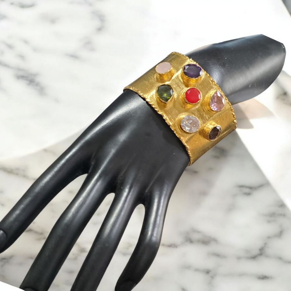 18k Triple Gold Plated Luxury Jeweled Cuff Bracelet - Picture 6 of 8
